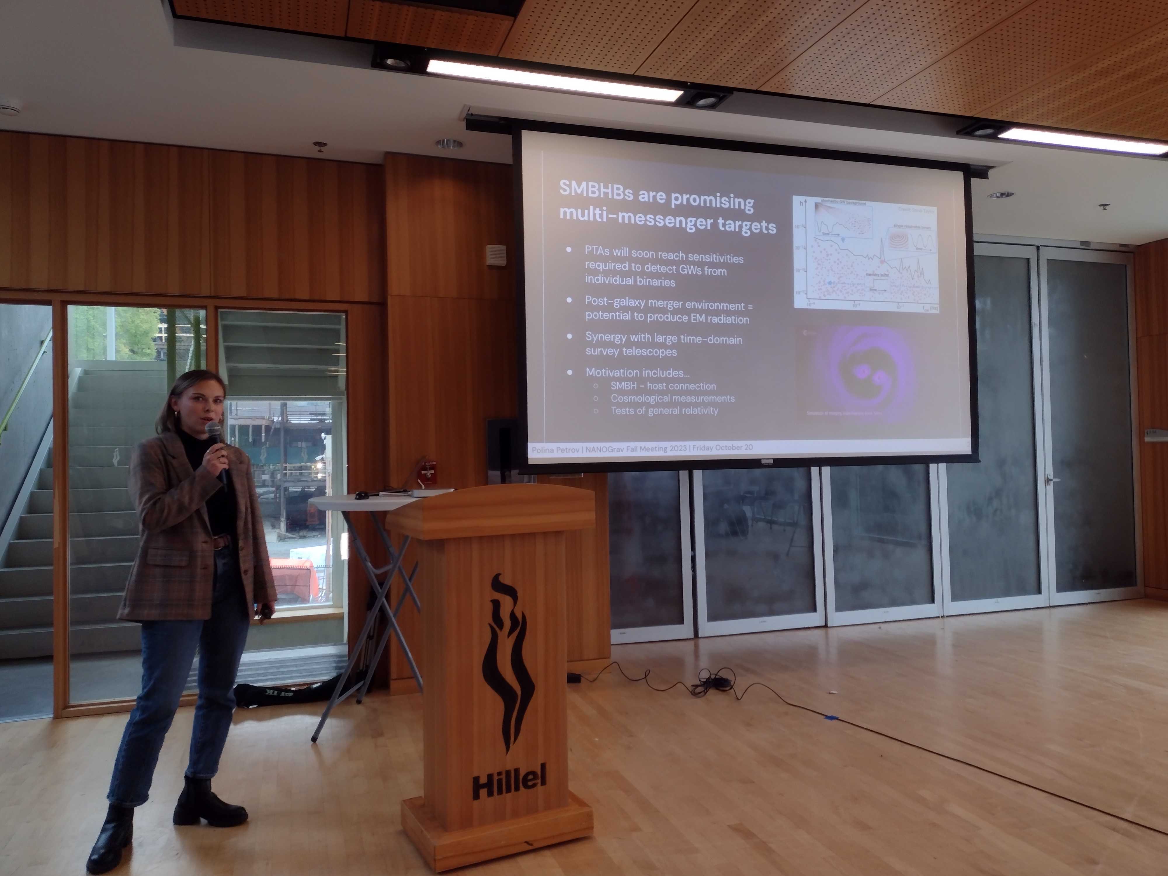 Polina giving a talk at NANOGrav's Fall 2023 Meeting.